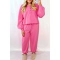 Bright Pink Plus Size Henley Drop Shoulder Pull...