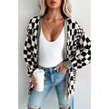 Black Checkered Open Front Drop Shoulder Cardigan