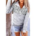 Leopard Splicing Zipper Collar Striped Sweatshirt