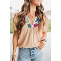 Pale Chestnut Crochet Floral V Neck Textured Sh...