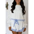 White Plaid Ruffled Patchwork Drop Shoulder Pul...