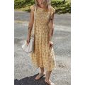 Yellow Boho Floral Print Ruffle Smocked Flowy S...
