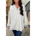 Gray Exposed Seam Ribbed Patchwork V Neck Sweat...