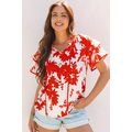 Red Plant Print Tiered Ruffled Sleeve V Neck Bl...