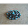 Vintage Turquoise & Seed Pearl Filigree Brooch