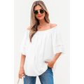 White Frilly Off Shoulder Lace Insert Sleeve Te...