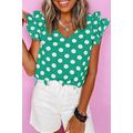 Green Polka Dot Print Ruffled Sleeve V Neck Blouse
