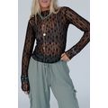 Black Sheer Floral Lace Long Sleeve Slim Fit Top