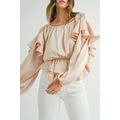 Oatmeal Lace-up Keyhole Back Ruffled Peplum Blouse