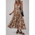 Khaki Floral Shirred High Waist Spaghetti Strap...