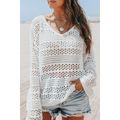 White Hollow Out Crochet V Neck Pullover Sweater