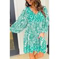 Green Bohemian Print Puff Sleeve Tied V Neck Fl...