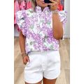 Purple Floral Print Ruffle Sleeve Frilly Button...