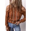 Cinnamon Exposed Seam Cold Shoulder Drawstring ...