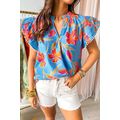 Sky Blue Floral Print V Neck Pompom Trim Flutte...