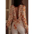 Orange Floral Print Knotted Open Back Long Slee...