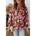Red Floral Three Quarter Sleeve Lace-up Neck Bl...
