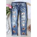 Sky Blue Sequin Rugby Football Patchwork Distre...
