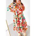 Orange Floral Print Drawstring V Neck Tiered Pl...