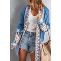 Blue Aztec Print Open Front Knitted Cardigan
