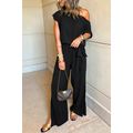 Black Checkered Mesh One Shoulder Short Sleeve ...