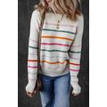 White Colorful Striped Ribbed Trim Sweater