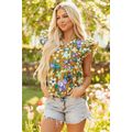 Yellow Floral Print Tiered Flutter Sleeve V Nec...