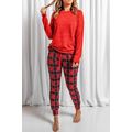 Solid Long Sleeve Top and Plaid Pants Loungewear