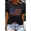 Black Rhinestone American Flag Round Neck Casua...