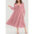 Pink Lace-up Ruched Front Long Sleeve Ruffle He...