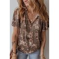 Khaki Retro Floral Print Tassel Tie Split Neck ...