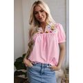 Pink Floral Embroidered Puff Sleeve Notched V N...