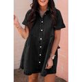 Black Frilled Short Sleeve Button Up Loose Deni...