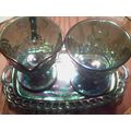 Carnival Glass blue creamer / sugar with tray
