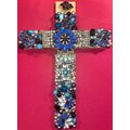Wood Wall Artisanal Cross w/ Repurposed Jewelry