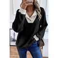 Black Color Contrast Ribbed Loose Fit Long Slee...