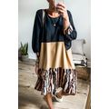 Khaki Printed Tiger Stripe Colorblock Bishop Sl...