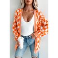 Orange Checkered Open Front Drop Shoulder Cardigan