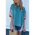 Blue Stripe Colorblock Patchwork Baggy T Shirt