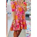 Pink Floral Bubble Sleeve V Neck Ruffled Mini D...