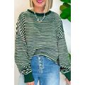 Green Stripe Loose Drop Shoulder Long Sleeve Top