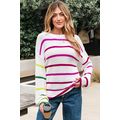 White Colorful Striped Drop Shoulder Crew Neck ...