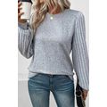 Gray Contrast Ribbed Bishop Sleeve Top