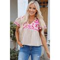 Beige Floral Embroidered Short Sleeve Notched V...