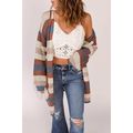 Blue Striped Color Block Hollowed Knit Cardigan