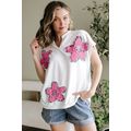 White Floral Applique Notched V Neck Dolman Sle...