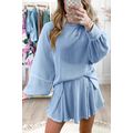 Sky Blue Corded Lantern Sleeve Top High Waist R...