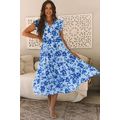 Sky Blue Floral Print Tiered Frilled Trim Flutt...