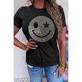 Black Sparkle Rhinestone Smile Face Graphic T S...