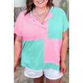Mint Green Colorblock Patchwork Short Sleeve Bu...